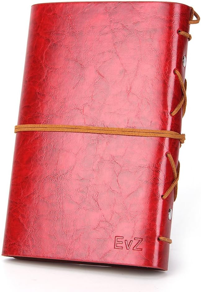 EvZ Leather Writing Journal Notebook, 5 Inches Vintage Nautical Spiral Blank String Diary Notepad Sketchbook Travel to Write in, Unlined Paper, Retro Pendants, Classic Embossed, Red