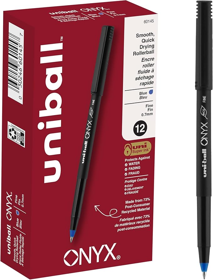 Sanford Uniball Onyx Roller Stick Pen, 0.7mm Fine, Blue Ink, Dozen (60145)