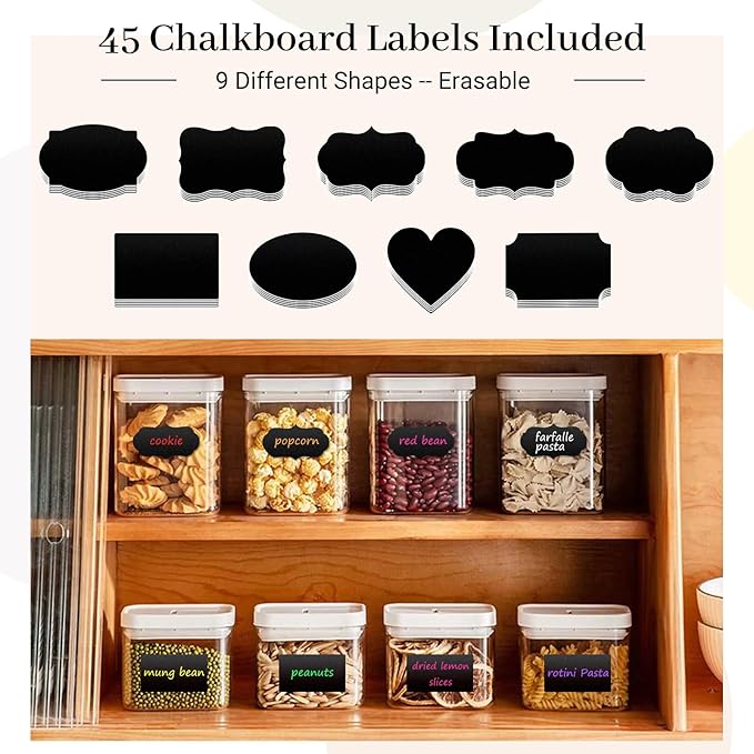 KERIFI Liquid Chalk Markers, Chalk Pens Fine Tip, 12 Vibrant Colors, Wet Erase Markers Fine Point 1mm, Chalk Markers for Blackboard, Glass, Windows, Bistro, 45 Chalkboard Labels Included