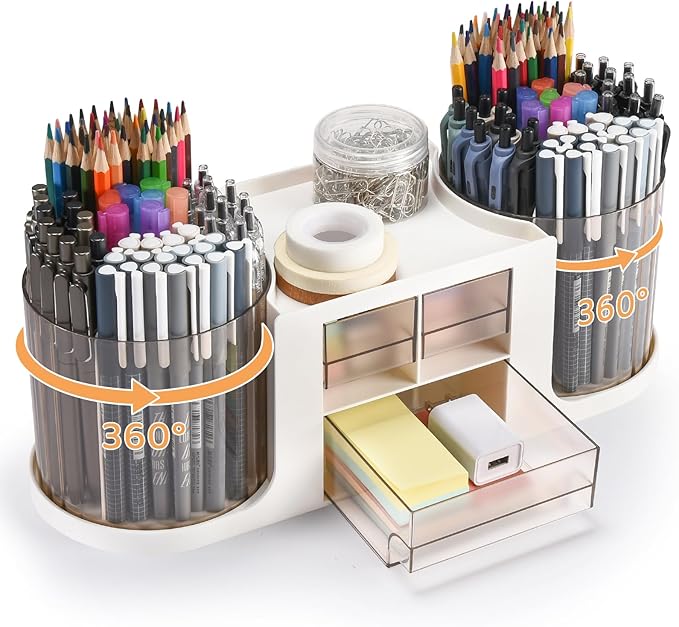 Rotating Desk Organizer with 2 Pen Holder, Desk Organizers and Accessories with 10 Slots Pencil Holder for Desk + 3 Drawer, Art Supply Storage Box Caddy for Office School Home (Light Grey)