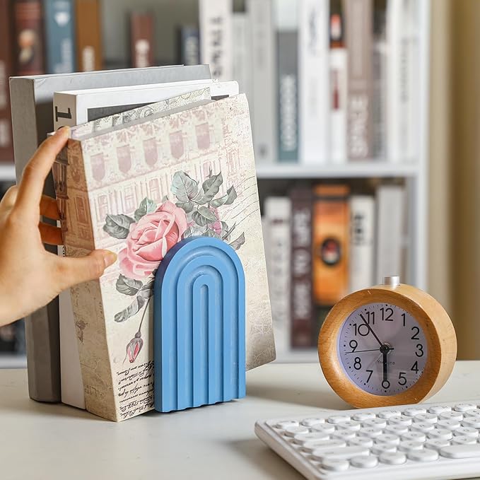 Harloon 4 Pieces Boho Arch Wood Bookends Rainbow Arch Back to School Gift Ideas Non Skid Bookend Decorative Wooden Book Stand Book Stoppers for Books Movies CDs(Morandi Color)