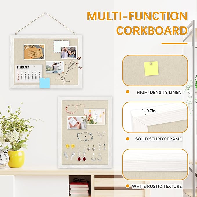 DOLLAR BOSS Bulletin Boards with Linen 2-Pack 16''X 12'' Cork Board for Walls Wood Framed Bulletin Boards, Small Pin Board for Home Kitchen Office Decorative Hanging 20 Pushpins