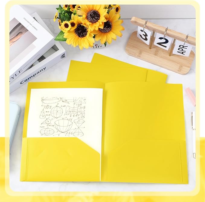 Gueevin 50 Pcs Plastic Folders with Pockets, Two Pocket Folder Fit Letter Size, Heavy Duty School Business Card Holder for Home Office School Bussiness, 11.61 x 9.45 Inches (Yellow)