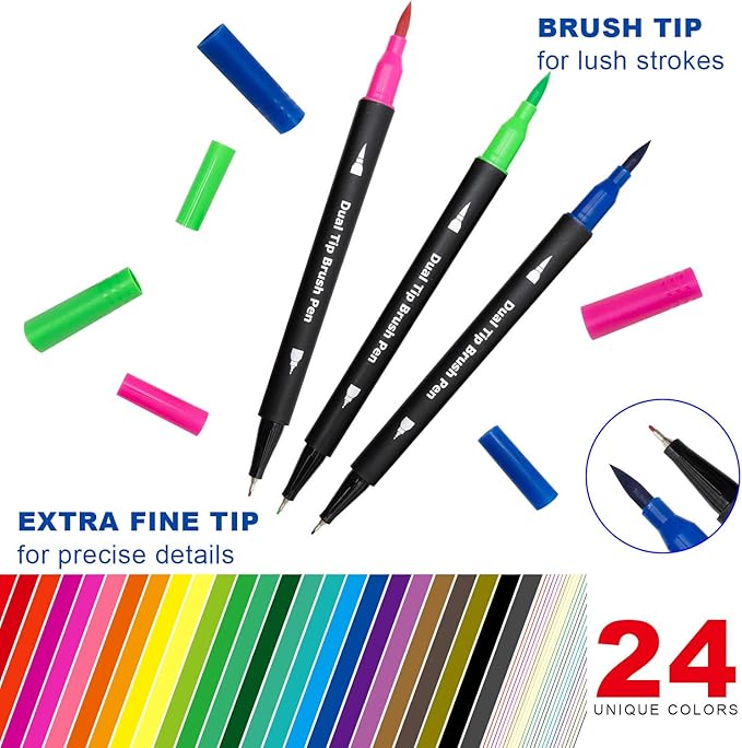 Dual Brush Marker Pens,24 Colored Markers,Fine Point and Brush Tip for Kids Adult Coloring Books Bullet Journals Planners,Note Taking Coloring Writing