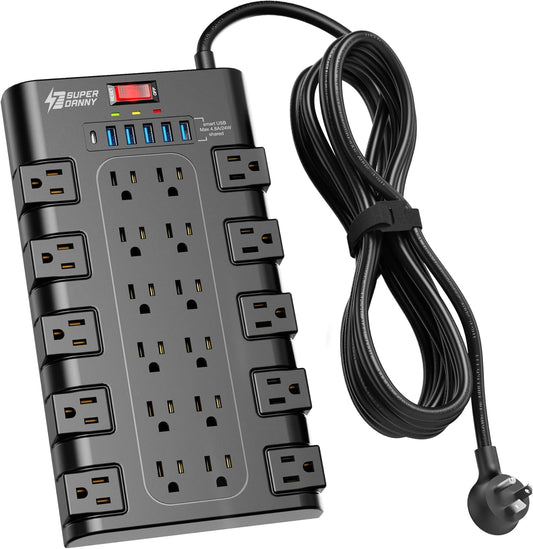Power Strip Surge Protector, SUPERDANNY 15Ft Long Extension Cord with 6 USB Charging Ports and 22 AC Outlets, 1875W/15A, 2100 Joules, Flat Plug Power Outlet for Home, Office, Dorm, Gaming Room, Black
