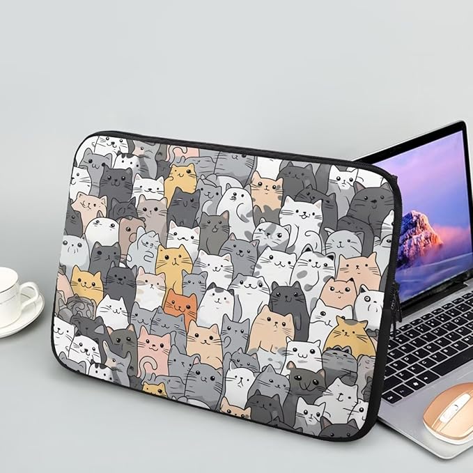 Cartoon Cat Print Laptop Briefcases for Men Women, Cute Laptop Sleeve Case Water Resistant Neoprene Computer Carrying Cover 13 Inch Laptop Carrying Bag