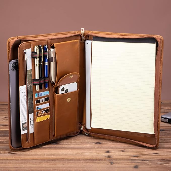 Handmade Crazy-Horse Leather Padfolio Portfolio, Easy to Carry with A Zippered Closure, Business Organizer Tablet Folio Folder with Letter Size Notepad, Gift for Women & Men (Brown, Custom)