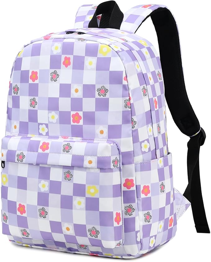 Flowers Checkered School Backpack for Teens Girls, Womens College Bookbags Kids School Bags Laptop Backpacks (Purple)
