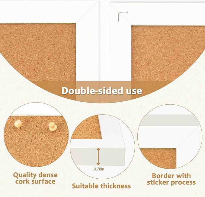 Double-Sided Cork Board for Wall, 16" x 12" Hanging Wood Framed Small Bulletin Board, Picture Display Vision Board Corkboards for Wall Room School Office Decor, 20 Pushpins (Vintage White)