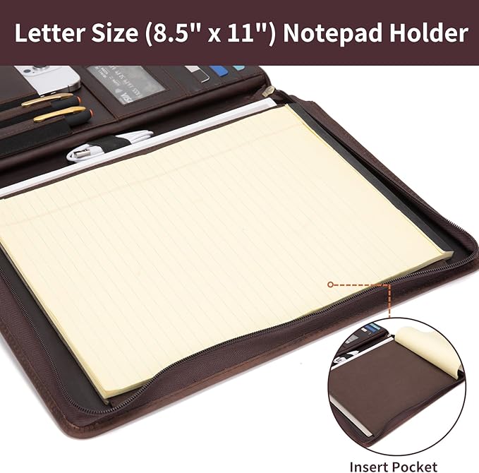 Genuine Leather Portfolio Binder, Zippered Padfolio for Men Women, Business Folio with 8.5” x 11” Notebook Holder and 13” Laptop Sleeve, Professional Executive Folder, Dark Brown