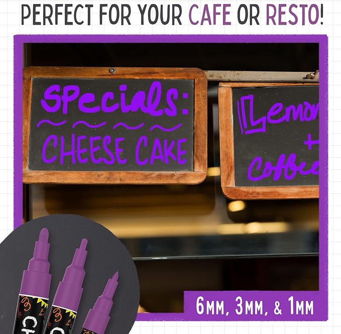 5 Purple Chalkboard Chalk Pens - Purple Dry Erase Markers for Blackboard, Chalkboard Signs, Windows, Glass | Variety Pack - Fine & Jumbo Size Ink Pen (1mm, 3mm, 6mm, 10mm, 15mm)