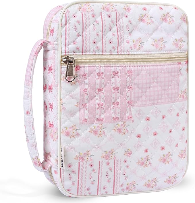 shirabags Quilted Bible Cover Case for Women - Elegant Cotton Bible Bag for Study, Church, Christian Gifts for Women (Pink Bow Patchwork, M)