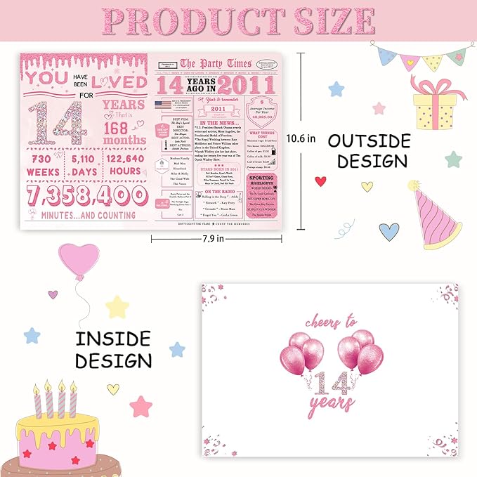 14th Birthday Decorations for Girls，14 Year Old Girl Birthday Gifts，14th Bday Card，14 Year Old Bday Gift Cards for Daughter Granddaughter Niece