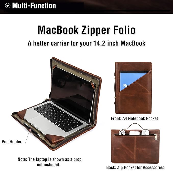 Top Grain Leather 14.2" Slim Laptop Zipper Folio Case Bag, Vintage Design & 2 Pockets, Handmade, Compatible with MacBook Pro 14" 2021 2022 M1 Pro/M1 Max A2442 & Other PC, Brown 14.2 Inch