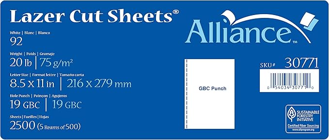 Prepunched Paper Alliance Laser Cut Sheet 19 Hole GBC 8.5 x 11 inch, 20 lb, 92 Bright, 2500 Sheets