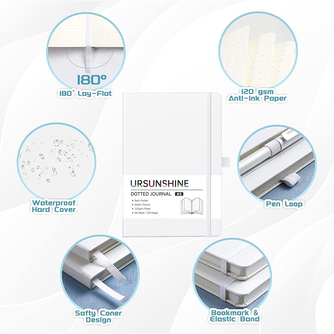 Dotted Journal/Notebook - Dot Grid Hard Cover Notebook, Premium Thick Paper with Fine Inner Pocket, Black Smooth Faux Leather, Pen Loop, 5.3'' x 8.26'' - White