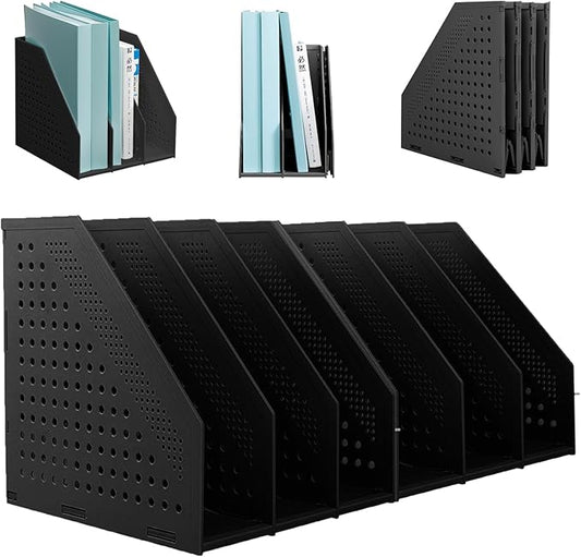 SAYEEC 2Pcs Collapsible Plastic Magazine File Holder Vertical Binder Storage Organizer for Desk Sturdy Upright Desktop Magazine Organizer Folder Rack for Office School Home (3 Compartments, Black)