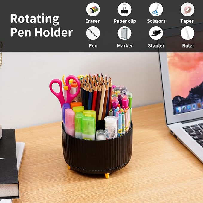 Marbrasse Desk Organizer - 360-Degree Rotating Pen Holder with 5 Compartments, Art Supply Storage Box Caddy for Office and Home (Black)