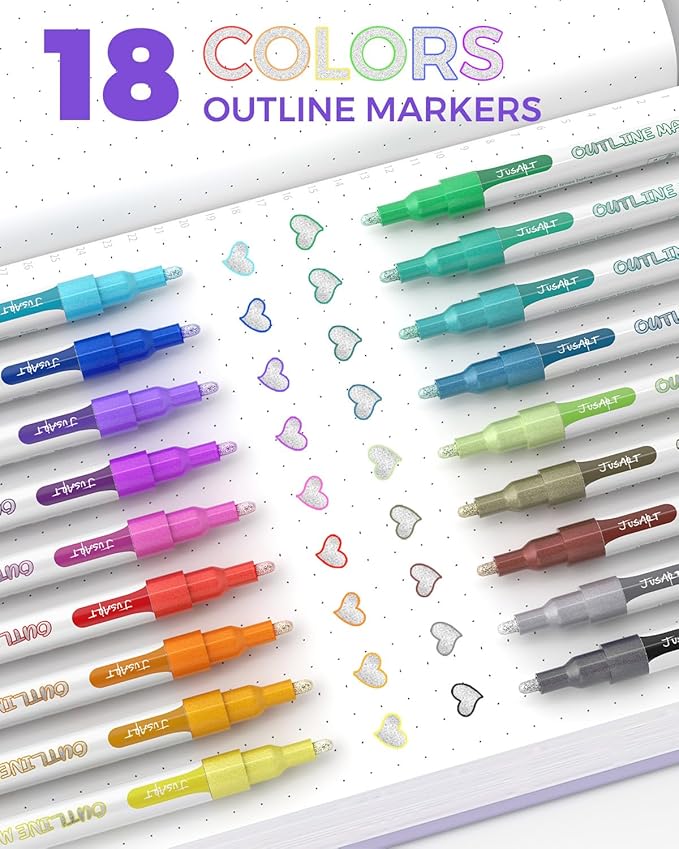 JusArt Outline Markers 18 Colors, Double Line Glitter Markers for Greeting Card Art Crafts, Girls Teens Stocking Stuffers Shimmer Markers, Metallic Sparkle Markers Painting Drawing Supplies