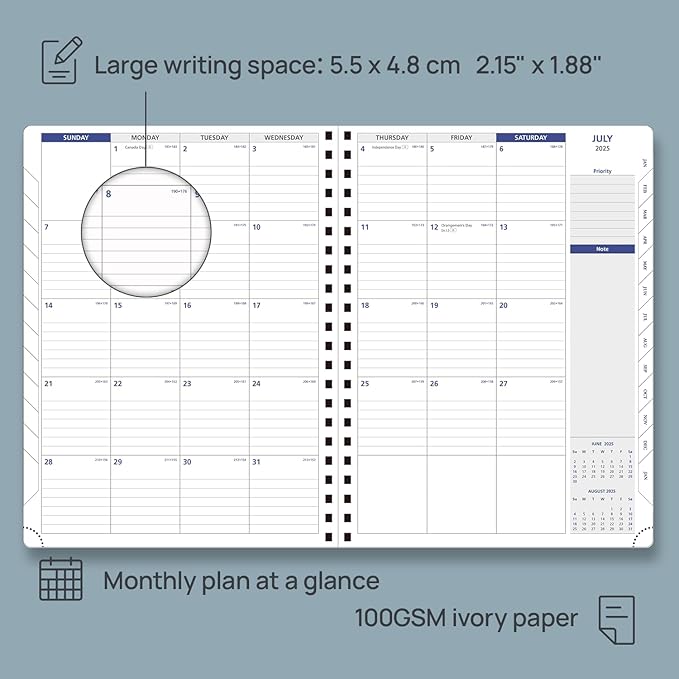 POPRUN 2025 Monthly Calendar Spiral Bound with Monthly Tabs 8.5" x 11", Large Writing Space Monthly Planner with PU Leather Soft Cover, Dual Pockets, Sunday Start - Forest Green