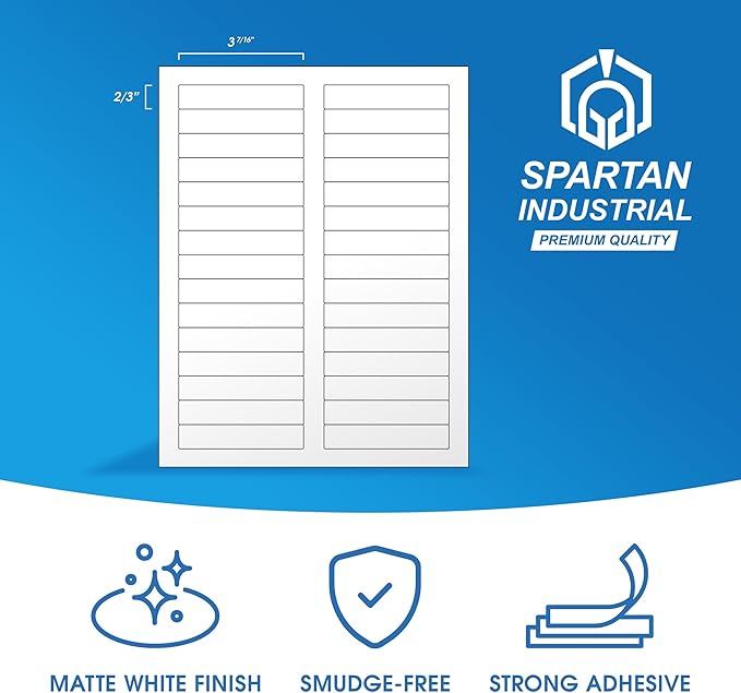 3 7/16" X 2/3" Matte White File Folder Labels Compatible with Inkjet and Laser Printers - 30 Sheets, 900 Printable Paper Stickers for Return Addresses, Mailing, Organizing - Spartan Industrial