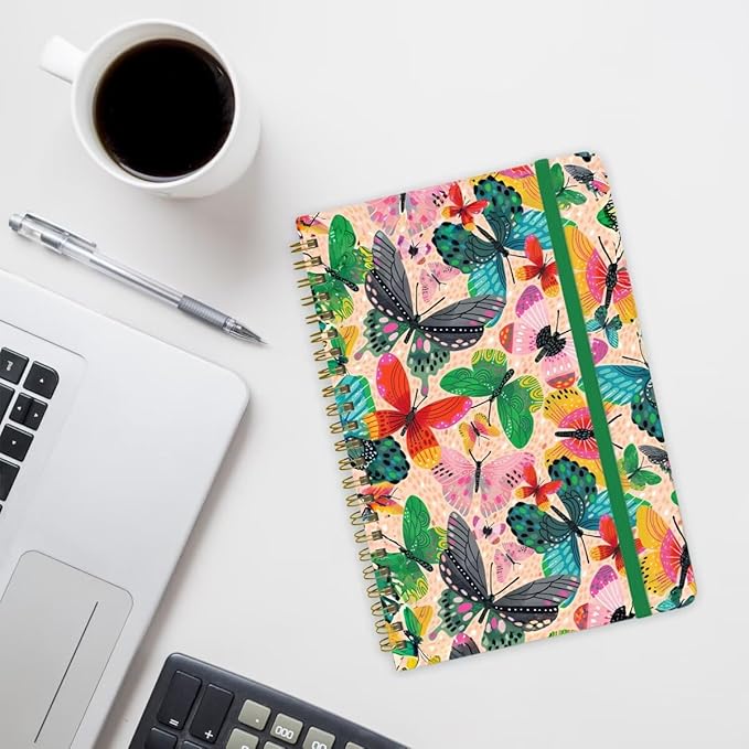 Spiral Notebook - A5 Spiral Notebooks, 8.3'' × 5.8'', 160 Pages, Aesthetic Journaling Notebooks for Women, College Lined Notebook with Elastic Closure, Back Pocket, for School Office, Butterfly Pink