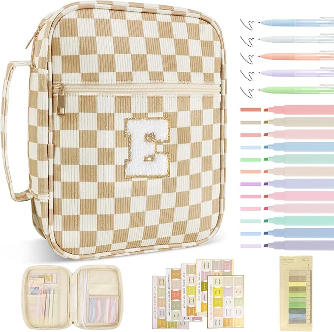 Personalized Initial Bible Cover Case for Women Girls Kid - Large Corduroy Bible Case with Handle, Stylish Chenille Letter Bag Study Supplies, Perfect Christmas Gifts for Christians Women (Khaki-E)