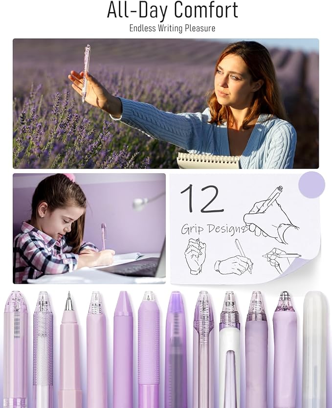 Four Candies 12Pack Pastel Gel Ink Pen Set, 11 Pack Black Ink Pens with 1Pack Highlighter for Writing, Retractable 0.5mm Fine Point Cute Note Taking Pens for School Office (Purple)