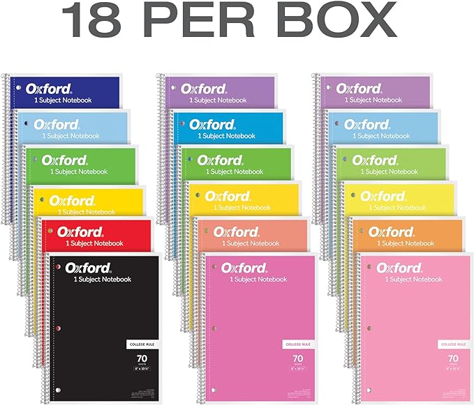 Oxford Spiral Notebook 18 Pack, Bulk College Ruled Spiral Notebooks for School, 1 Subject, College Ruled Paper, 8 x 10-1/2 Inches, 3-Hole Punch, Assorted Colors, 70 Sheets (65206)