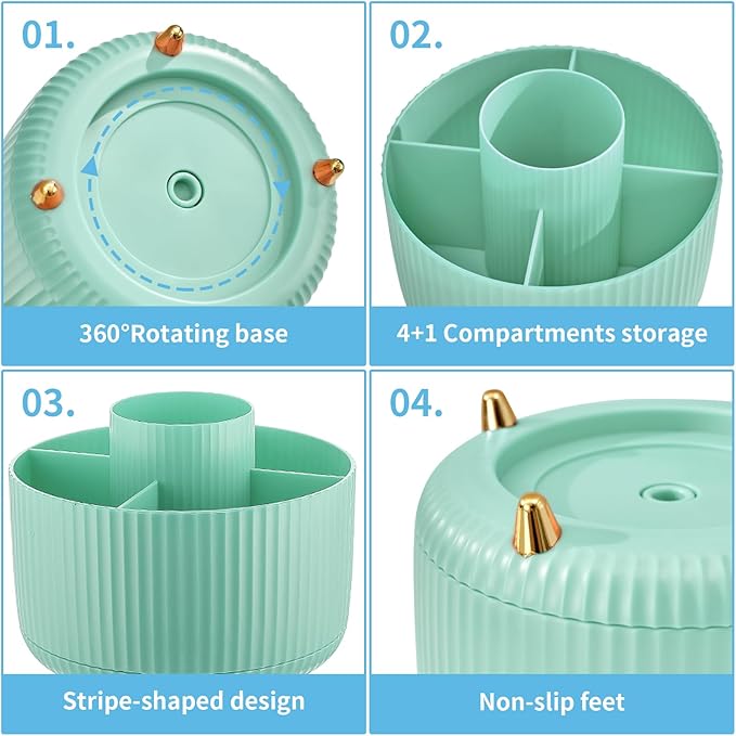 Marbrasse Desk Organizer, 360-Degree Rotating Pen Holder for Desk, Desk Organizers and Accessories with 5 Compartments Pencil Organizer, Art Supply Storage Box Caddy for Office, Home (Mint Green)