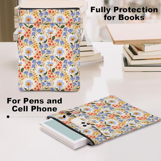 Watercolor Floral Pattern Book Lovers Gifts Waterproof Book Sleeve Book Pouch Book Protector with Zipper and Front Pocket BookCover Case for Women Girl Bride Sister Book Accessories Book Club Gifts