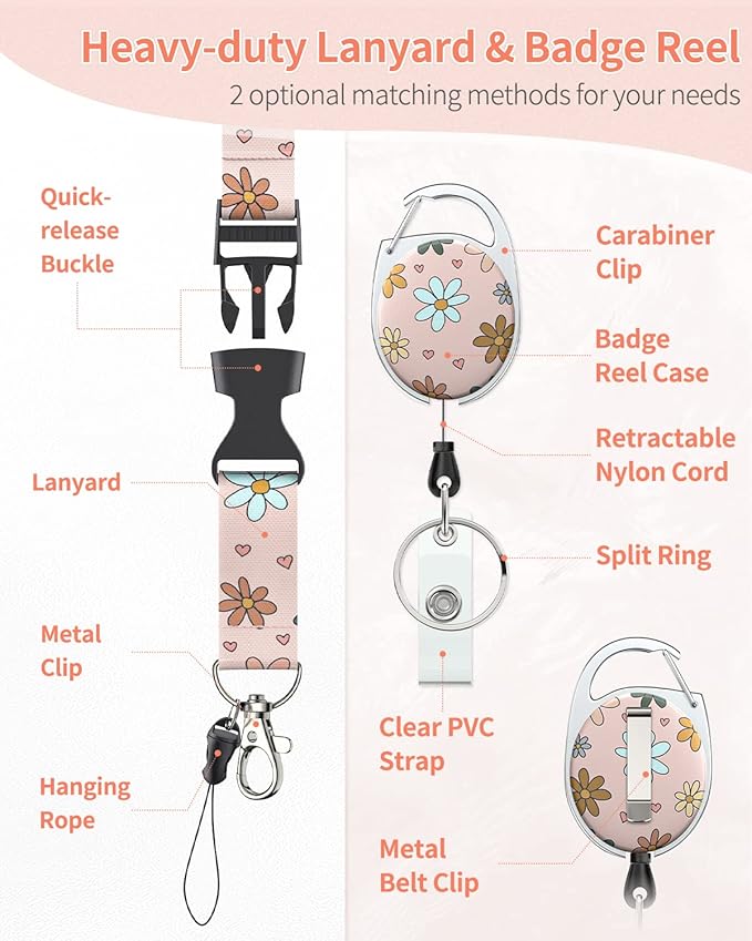 Uniclife 2 Pack Floral Sliding Badge Holder Flower Plastic Case with Retractable Badge Reel Carabiner Clip and Detachable Lanyard Strap Hard Vertical Card Protector for Women Nurse Teacher