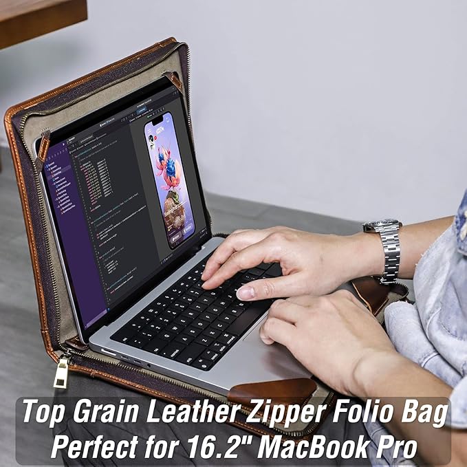 Top Grain Leather 16.2" Slim Laptop Zipper Folio Case Bag, Handmade & 2 Pockets, Compatible with MacBook Pro 16.2" A2485 M1 Max 15" Touch Bar A2141 A1707 Pro 16" Touch ID, Brown 16.2 Inch