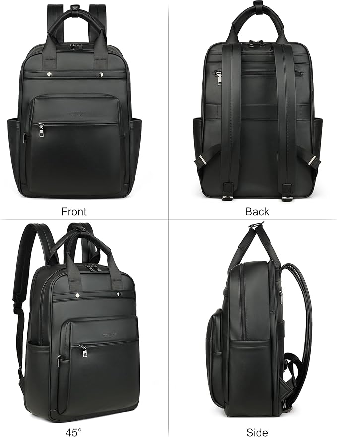 MASINTOR Leather Laptop Backpack for Women, Stylish Computer Backpack College Business Work Shoulder Bags Work and Travel Black