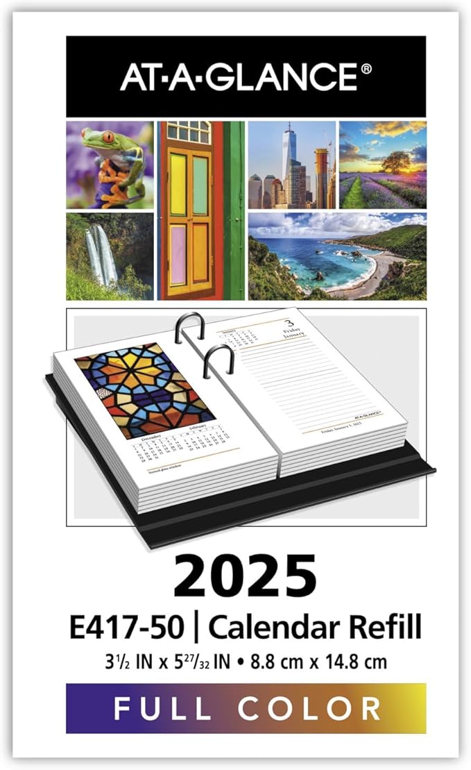 AT-A-GLANCE 2025 Desk Calendar Refill, Daily, 3-1/2" x 6", Standard, Loose-Leaf, Photographic (E4175025)