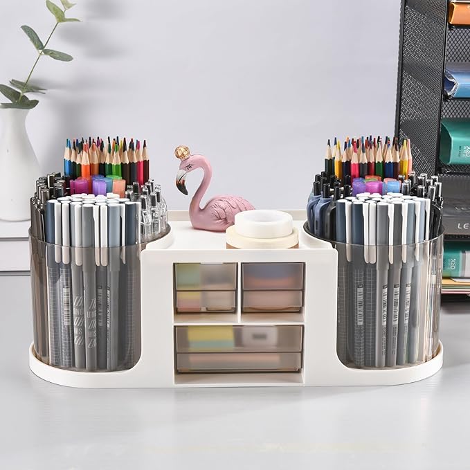 Rotating Desk Organizer with 2 Pen Holder, Desk Organizers and Accessories with 10 Slots Pencil Holder for Desk + 3 Drawer, Art Supply Storage Box Caddy for Office School Home (Light Grey)