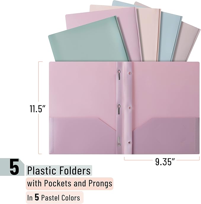 Mr. Pen- Plastic Folders with Pockets and Prong, 5 Pack, Muted Pastel Colors, Pocket Folders, File Fasteners, 2 Folder, Two