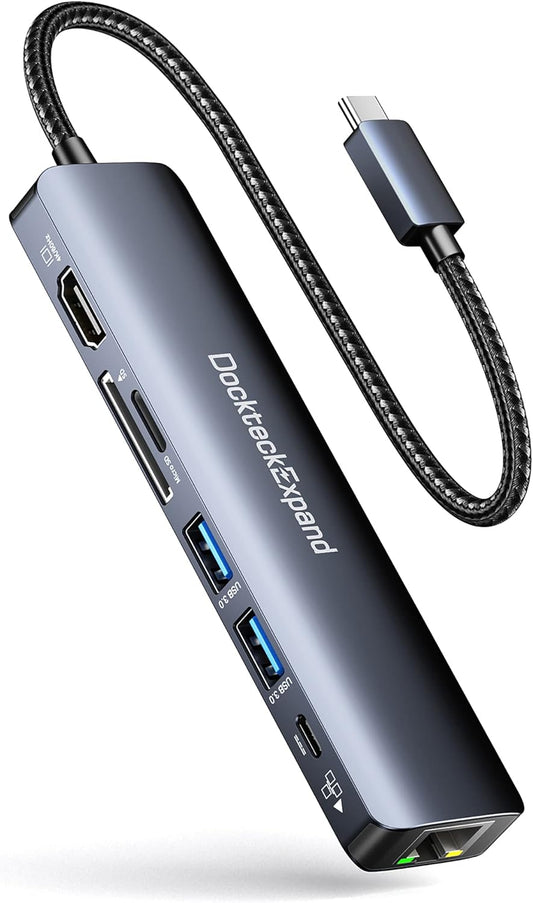 USB C Hub Ethernet, DockteckExpand 7-in-1 Multiport Adapter Type C to 4K@60Hz HDMI, Gigabit Ethernet, 100W PD Charging, 2 USB 3.0, SD/TF Card Readers, for MacBook Pro/Air, iPad Pro/Air, XPS and More
