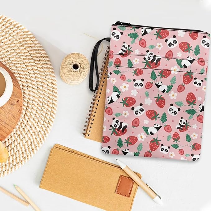 COEQINE Kawaii Book Sleeve Cover for Women Girls Back School Work Strawberry Panda Book Covers Pouch for Book Lovers Portable Book Pouch