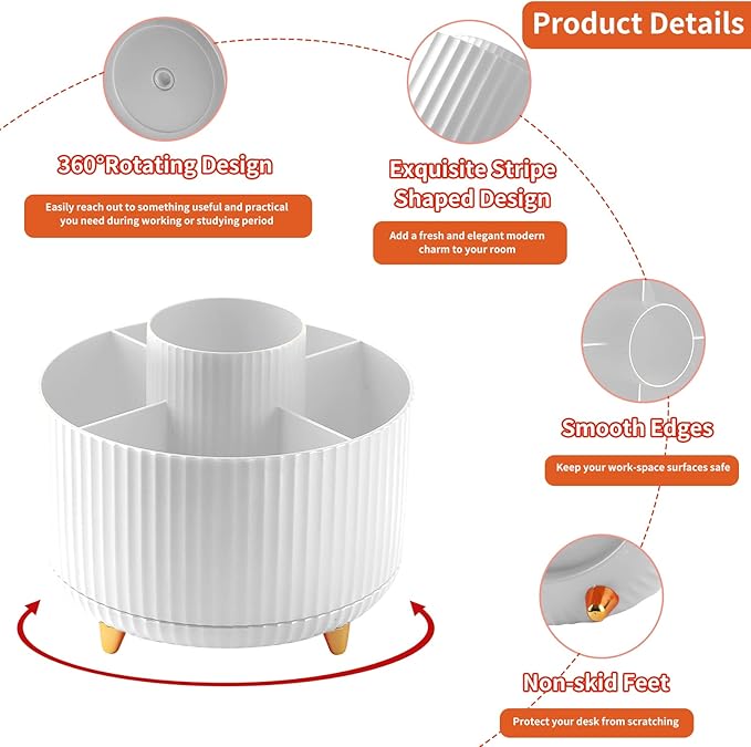 Desk Pen Holder, 5-Slot 360 Rotating Pencil & Pen Organizer - Desktop Storage Stationery Supplies Organizer, Cute Pencil Cup Pot for Office, School, Home, Art Supply, White