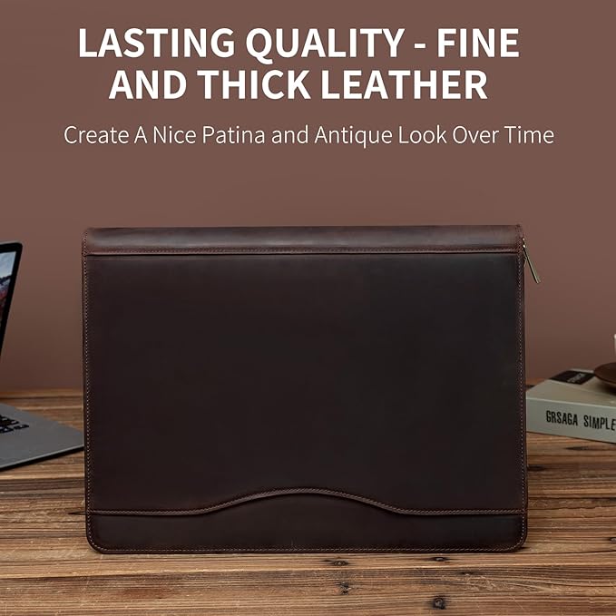 YIWEN Handmade Crazy-Horse Leather 3 Ring Binder Portfolio Padfolio Folder with Zipper for Men and Women, Business Organizer for Letter A4 Size for Meeting and Travel (Custom Engraved, Dark Brown)