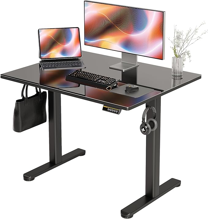 Glass Standing Desk, Small Electric Standing Desk Adjustable Height, 40 Inch Adjustable Stand Up Desk, Quick Install Home Office Computer Desk, Black