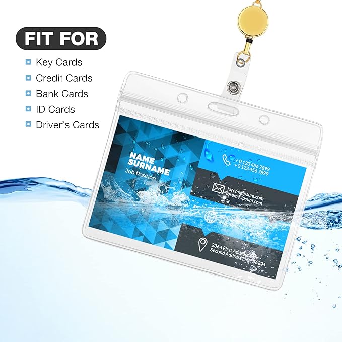 Outus 2 Pieces Badge Lanyard with ID Holders Stainless Steel Badge Holders Necklace Retractable Reel Clip Chain Water Resistant Name(Gold, Black)