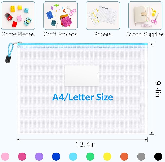 Sooez 14 Pack Mesh Zipper Pouch Bags, A4 Letter Size, Zipper Bags with Label Pocket, Waterproof Zipper Pouches for Classroom Organization, Board Game Storage, Document Bag for Office School Supplies