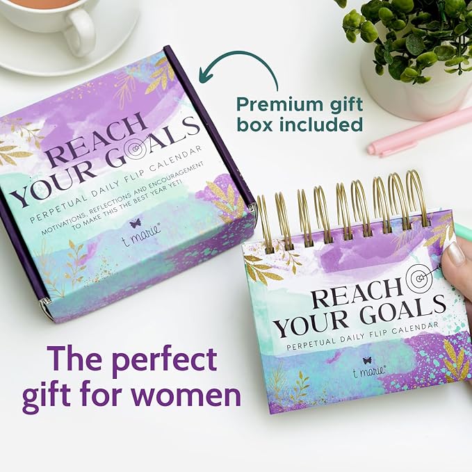 Reach Your Goals Daily Desk Calendar - Motivational Gift and Positive Affirmations for Women - Perpetual Calendar, Cute Office Decor, Gratitude and Self Care Gifts for Women, Inspirational Desk Accessories