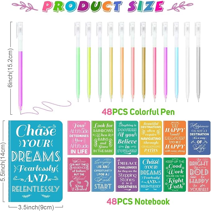48 Pcs Mini Inspirational Notebooks Bulk with 48 Pcs Colorful Pens, Small Pocket Journal Notepads Set, Motivational Bulk Gifts for Women Men Teacher Student Kids, Fun School Office Supplies,3.5"x5.5"