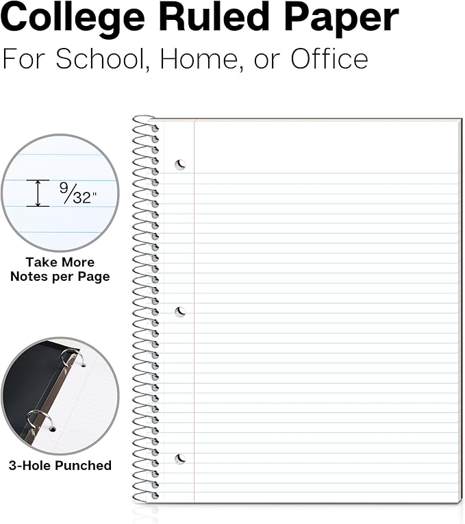 Dunwell College Ruled Spiral Notebook (Black), 1 Subject Notebook 8.5 x 11 for School, Plastic Cover, Pocket Divider, 100 Sheets (200 Pages), 3-Hole Punched Perforated 8 1/2 x 11 Paper