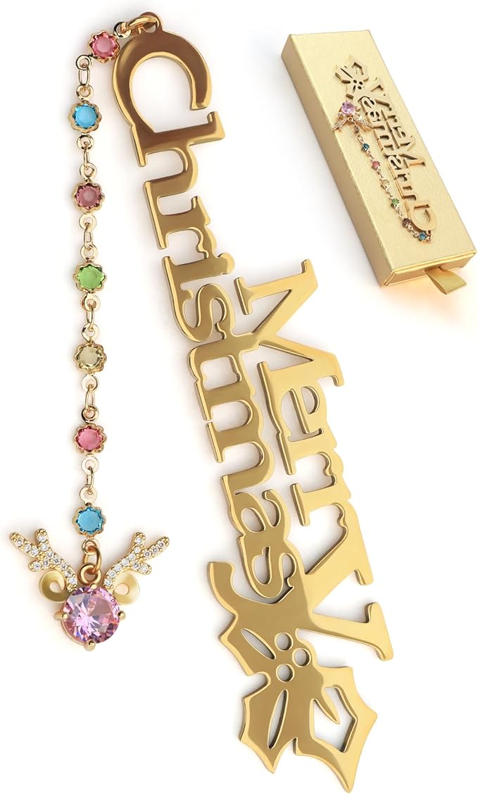 Metal Bookmark Cute Book Accessories Gifts for Women Teacher Readers Book Lovers for Christmas Mother's Day (Merry Christmas Gold)