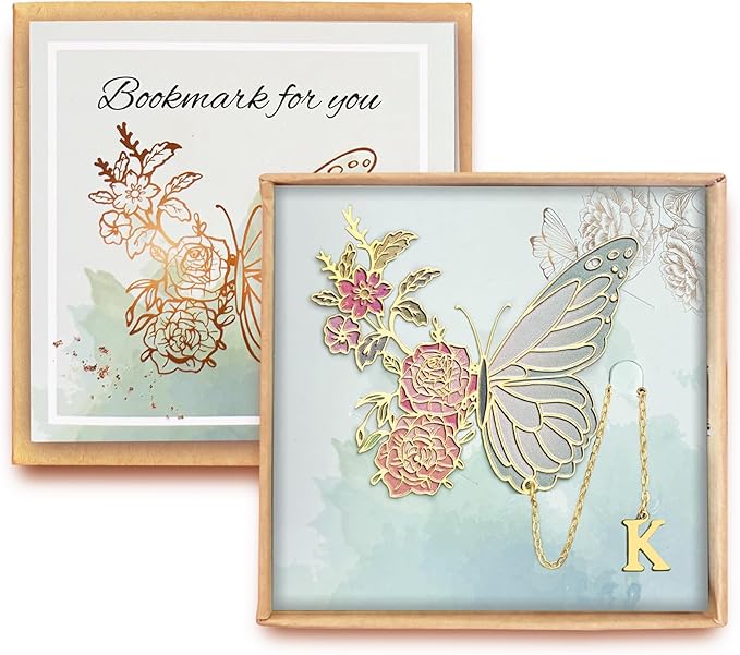 Metal Butterfly Bookmark for Women Cute Book Lovers Gift Butterfly Bookmarks Inital Book Mark Gifts for Reading Women Friend Teacher Appreciation Gifts Mom Birthday Valentines Day Christmas Gift, K