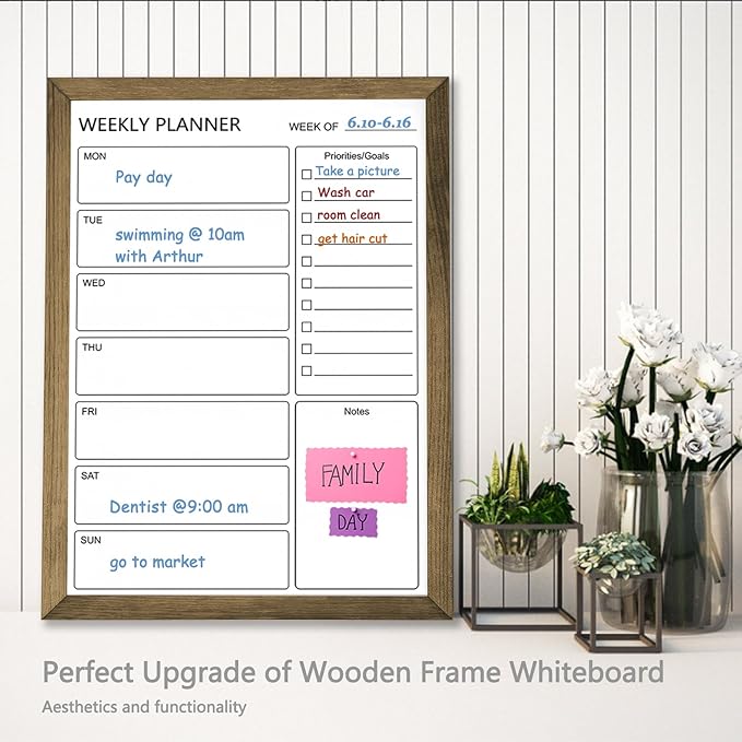 Dry Erase White Board Weekly Calendar Board, Magnetic Whiteboard for Wall,18“x24 Solid Wood Rustic Brown Framed Message Board, Planner Board for Office, Home, School(Weekly-BB-RB-4560)